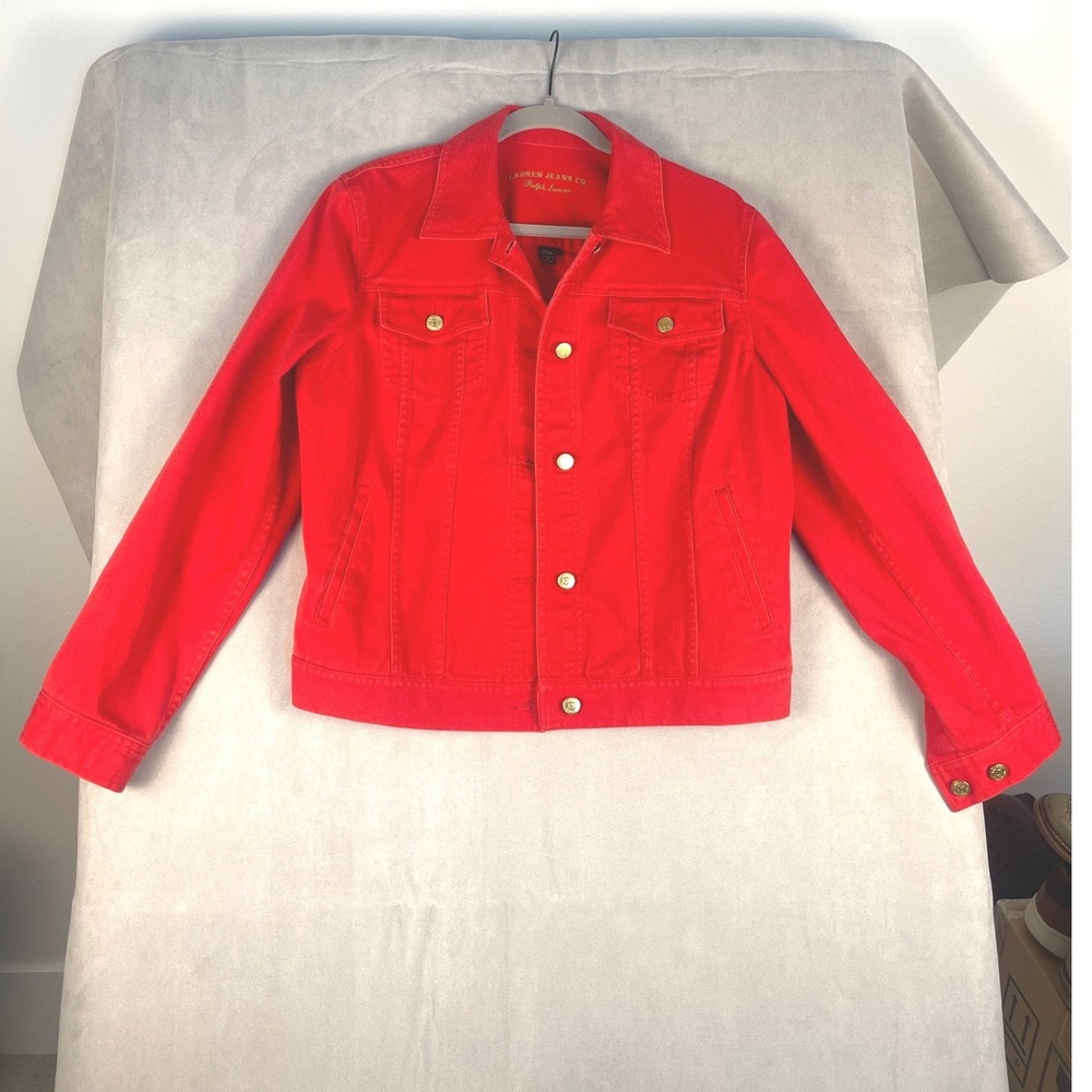 Lauren Ralph Lauren Red Denim Trucker Jacket Gold Buttons Large Western Casual